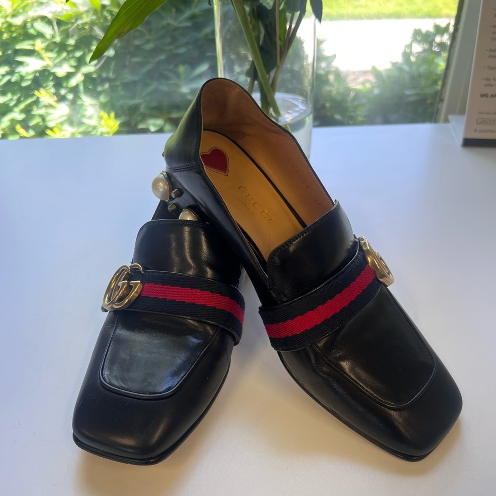 Gucci Black Leather Peyton Pearl Loafer Heel GG Marmont
